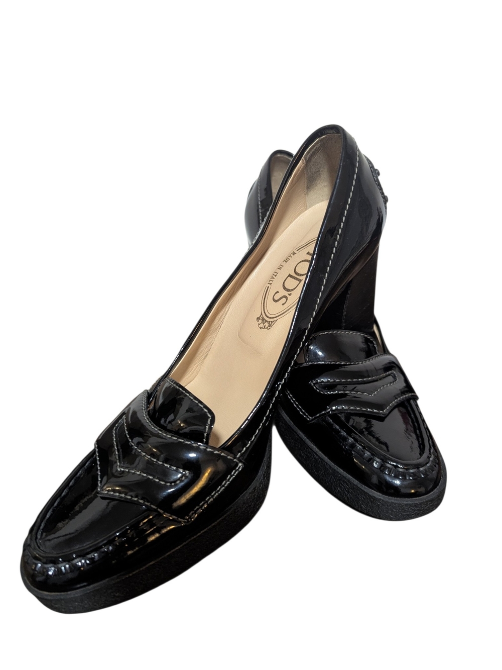 Tod's Black Patent Leather Loafers With Chunky Heel Size 9.5